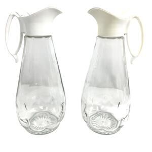 Log Cabin Vintage Glass Syrup Pitchers Flip Top Plastic Lids-Set of 2!